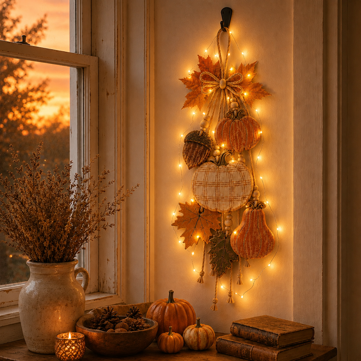 🔥HOT SALE🔥Rustic Wooden Pumpkin Door Hanging with Warm LED Lights