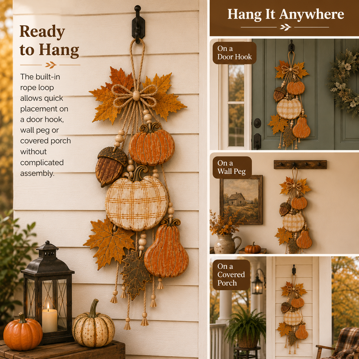 🔥HOT SALE🔥Rustic Wooden Pumpkin Door Hanging with Warm LED Lights