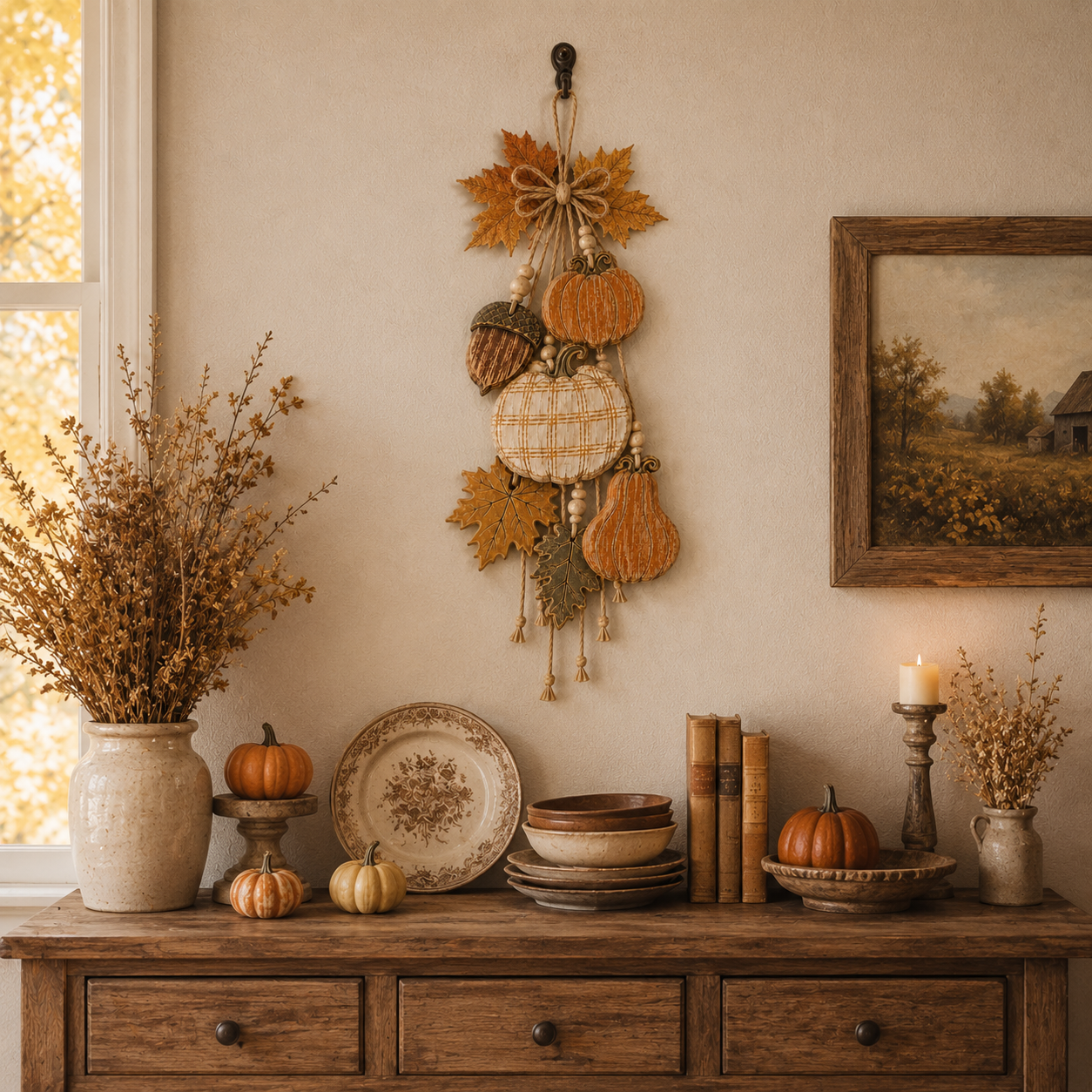 🔥HOT SALE🔥Rustic Wooden Pumpkin Door Hanging with Warm LED Lights