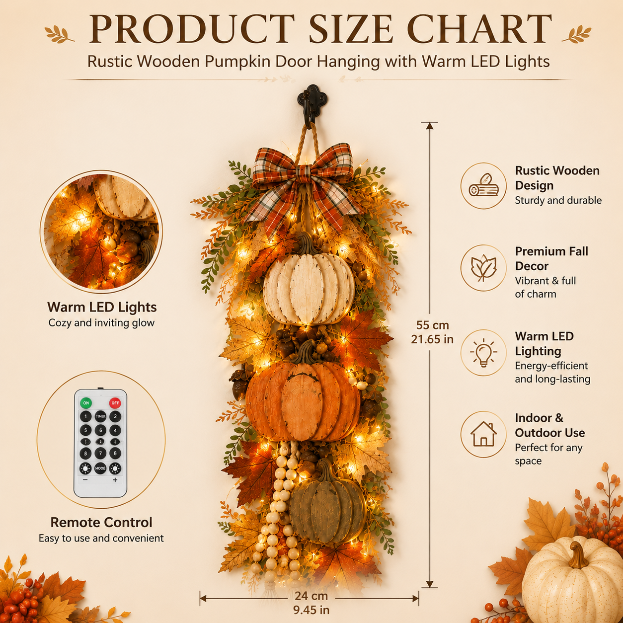 🔥HOT SALE🔥Rustic Wooden Pumpkin Door Hanging with Warm LED Lights
