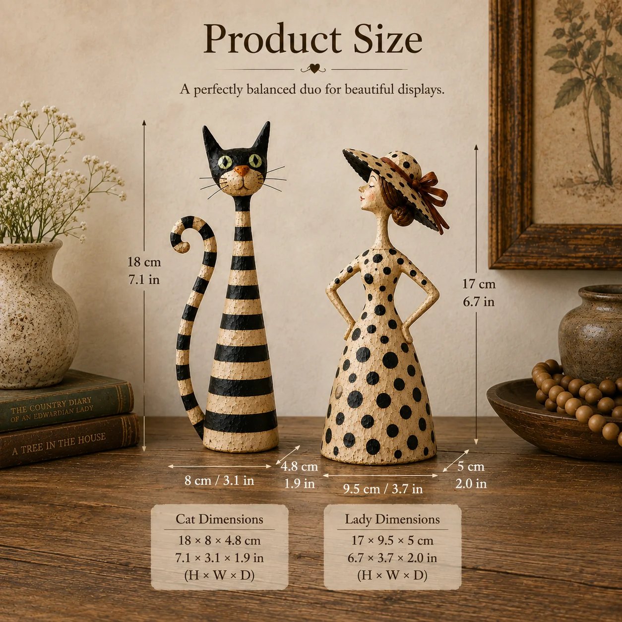 Vintage Cat & Lady Folk Art Figurine Set
