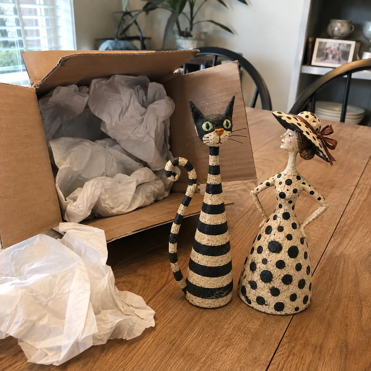Vintage Cat & Lady Folk Art Figurine Set