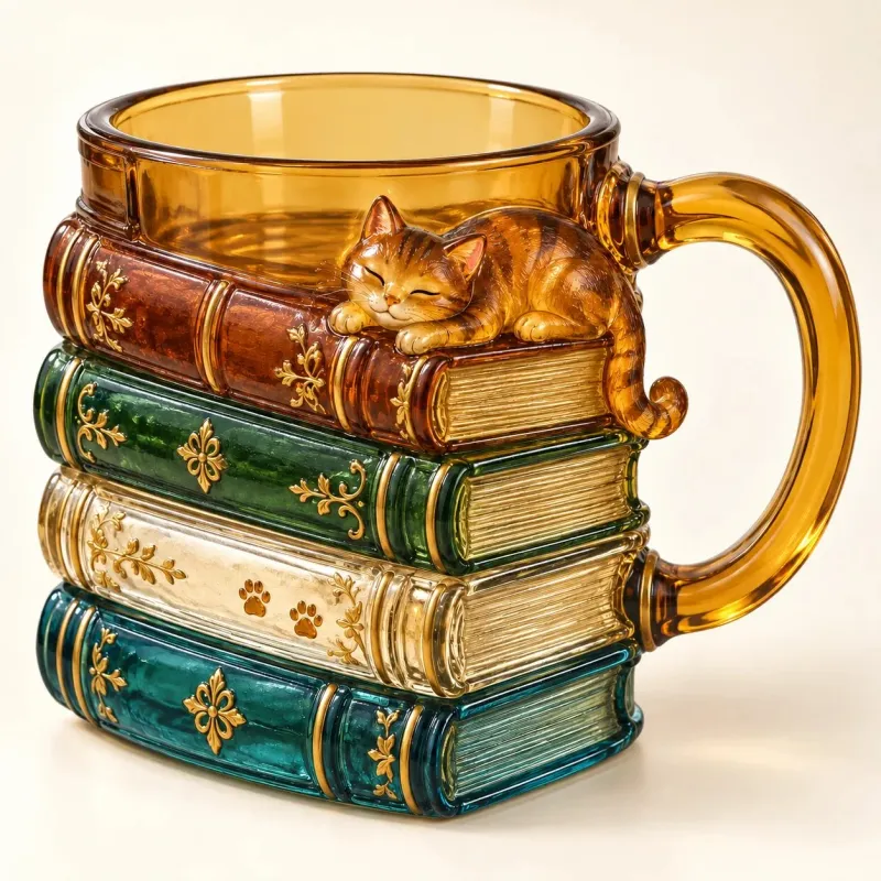 🐱📚 Cozy Book Stack Cat Mug – Whimsical Vintage Coffee Cup for Book & Cat Lovers