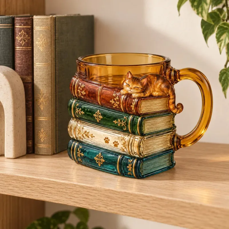 🐱📚 Cozy Book Stack Cat Mug – Whimsical Vintage Coffee Cup for Book & Cat Lovers