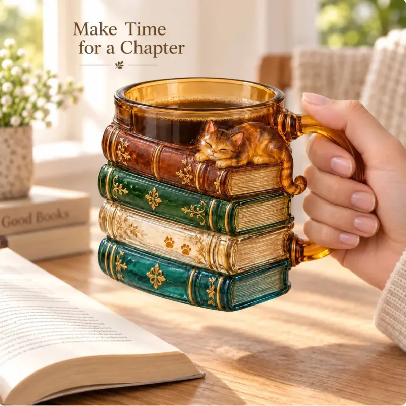 🐱📚 Cozy Book Stack Cat Mug – Whimsical Vintage Coffee Cup for Book & Cat Lovers