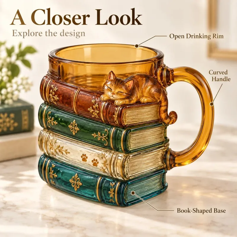 🐱📚 Cozy Book Stack Cat Mug – Whimsical Vintage Coffee Cup for Book & Cat Lovers