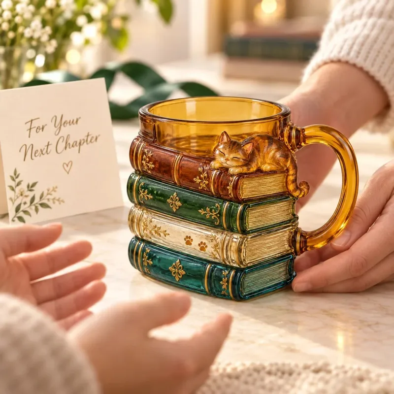 🐱📚 Cozy Book Stack Cat Mug – Whimsical Vintage Coffee Cup for Book & Cat Lovers