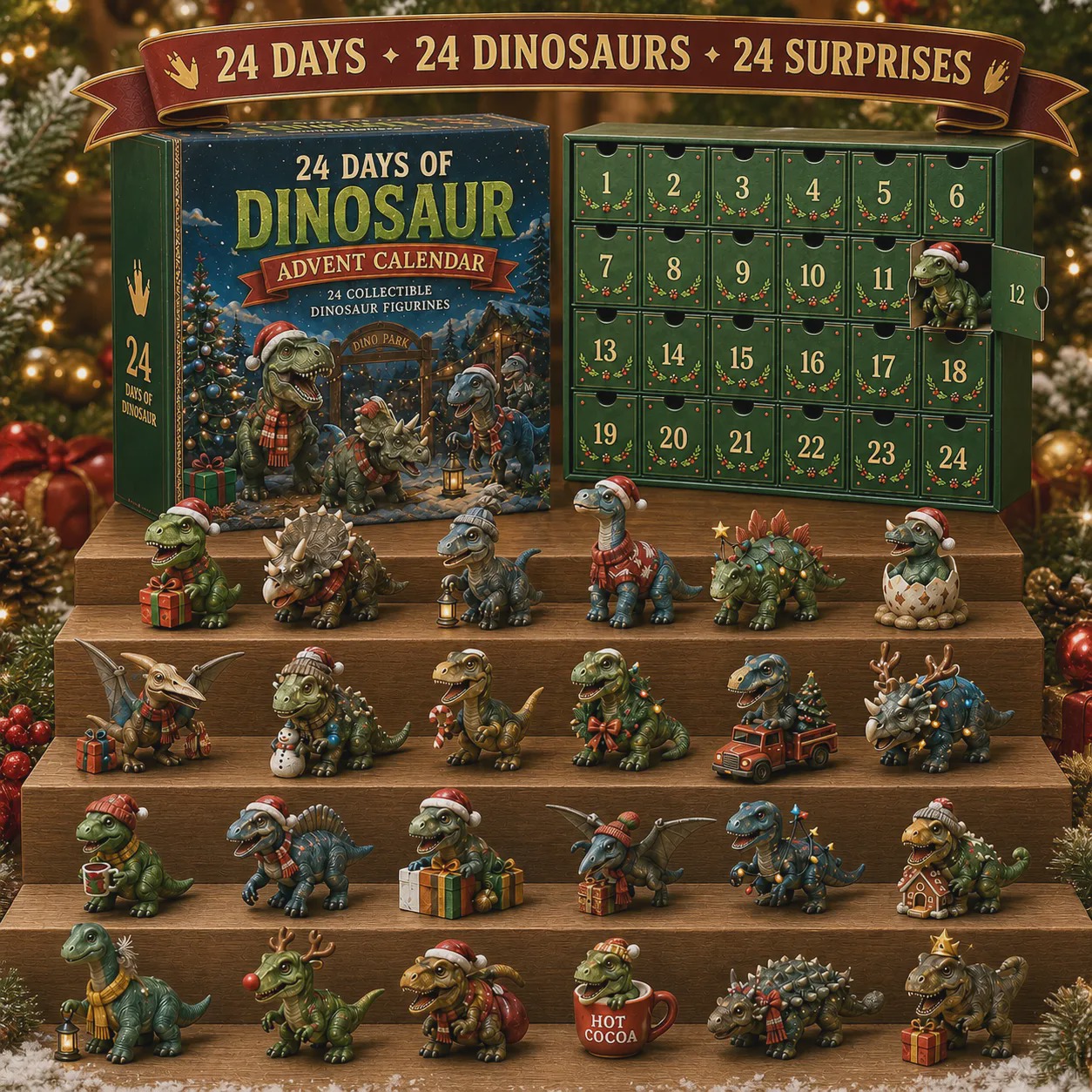 24 Days of Dinosaur Christmas Advent Calendar – 24 Collectible Dino Figurines & Holiday Surprises