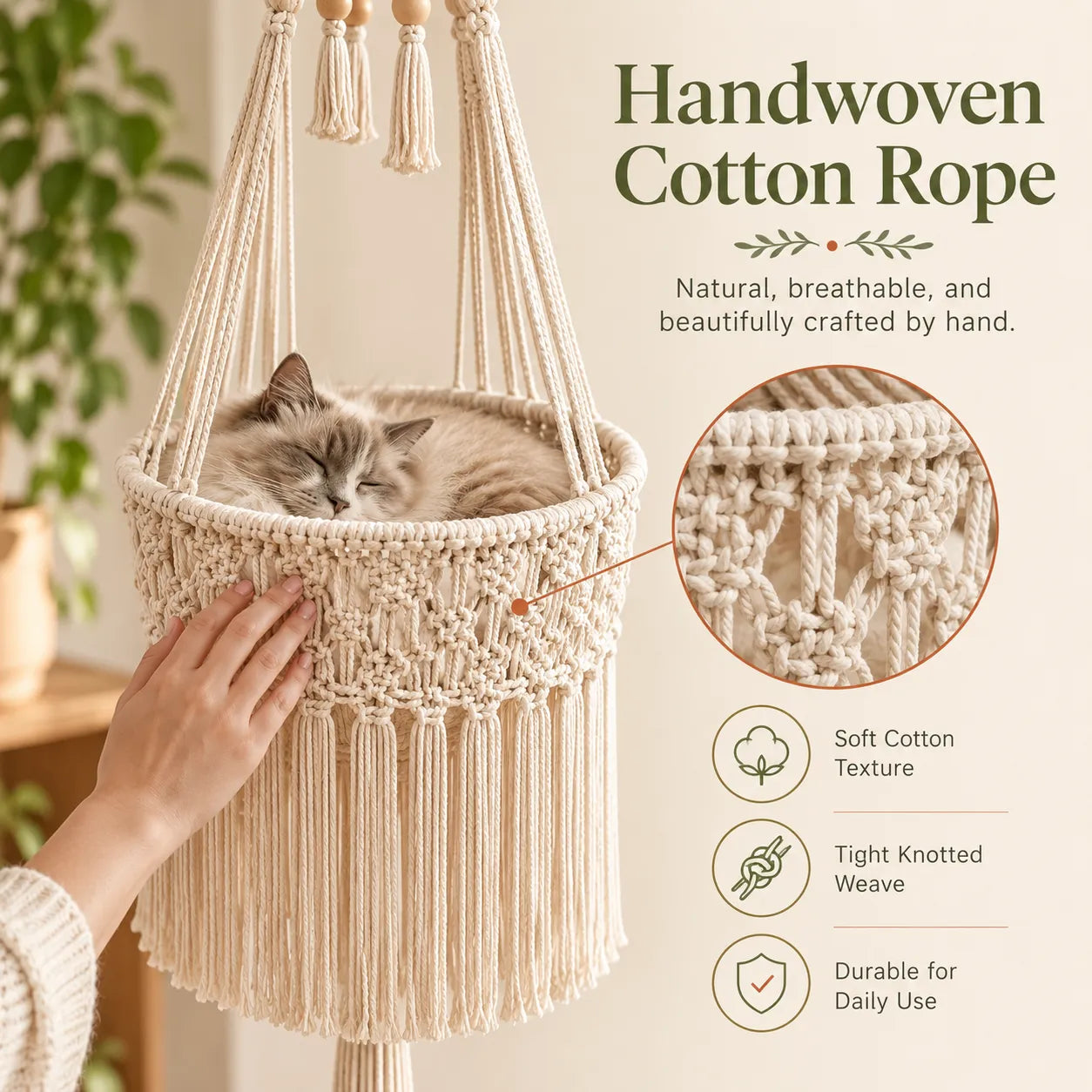 Boho Macrame Cat Hammock 🐱 Cozy Hanging Bed for Cats