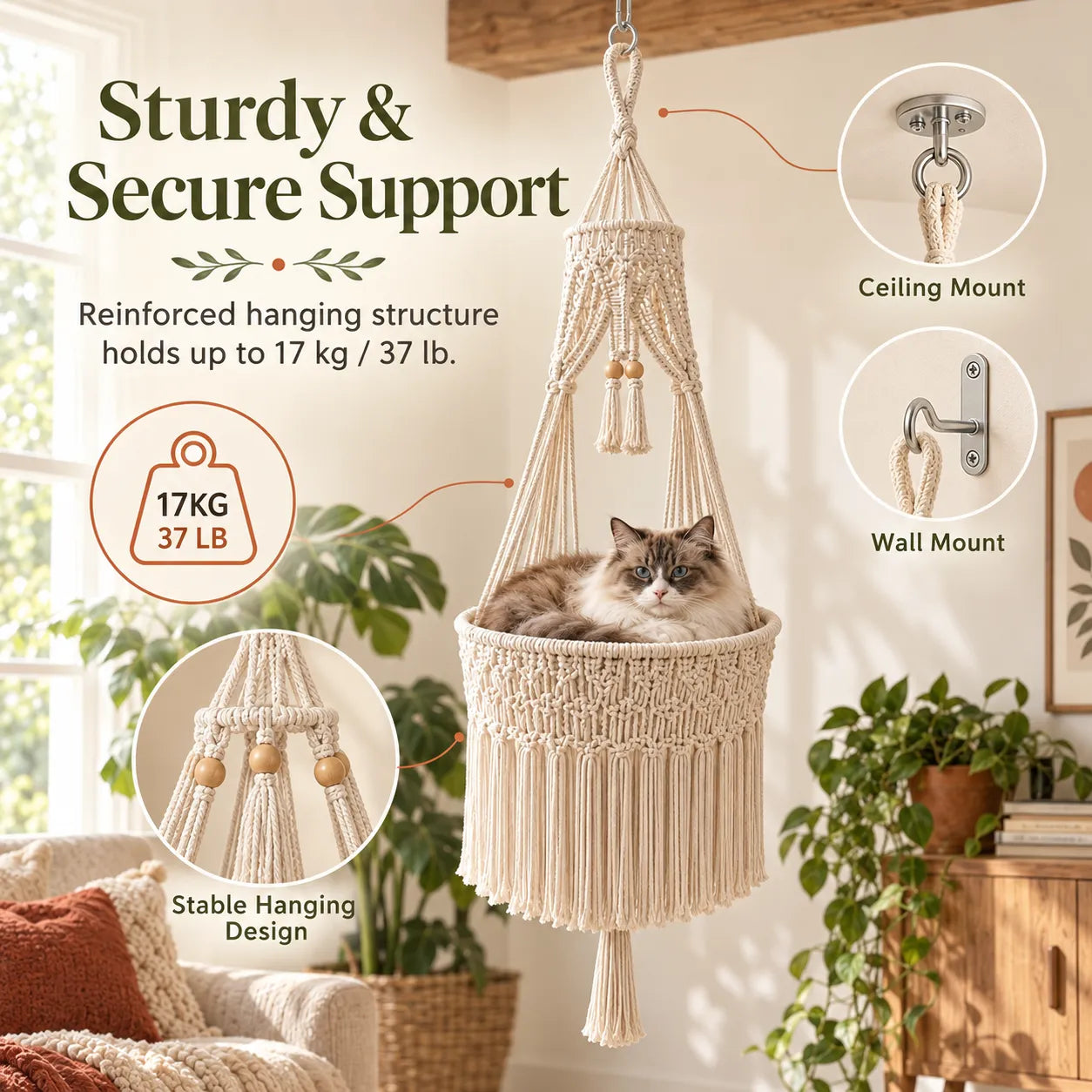Boho Macrame Cat Hammock 🐱 Cozy Hanging Bed for Cats