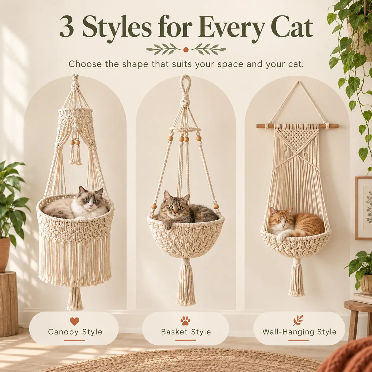 Boho Macrame Cat Hammock 🐱 Cozy Hanging Bed for Cats