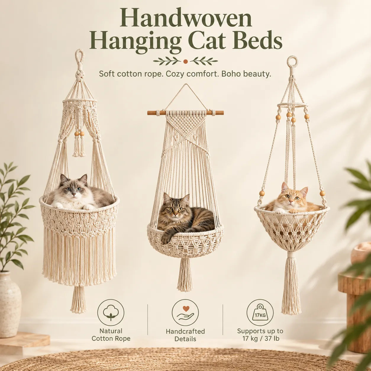 Boho Macrame Cat Hammock 🐱 Cozy Hanging Bed for Cats