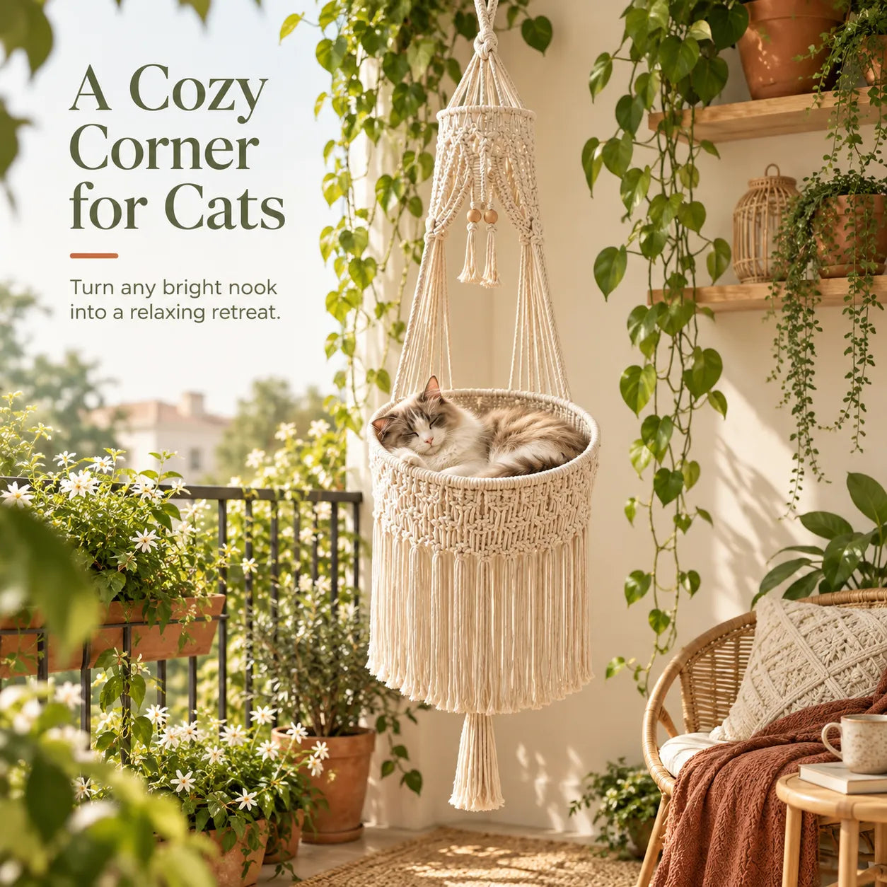 Boho Macrame Cat Hammock 🐱 Cozy Hanging Bed for Cats