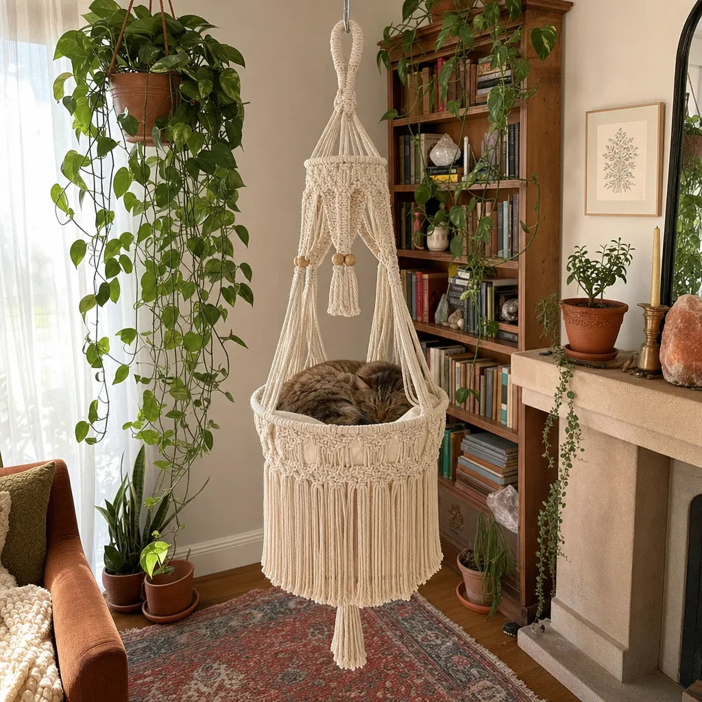 Boho Macrame Cat Hammock 🐱 Cozy Hanging Bed for Cats