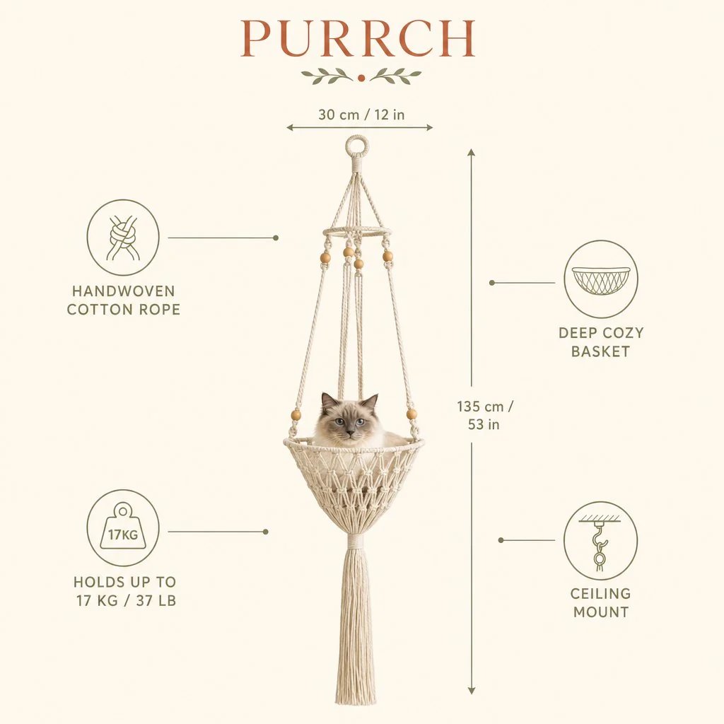 Boho Macrame Cat Hammock 🐱 Cozy Hanging Bed for Cats