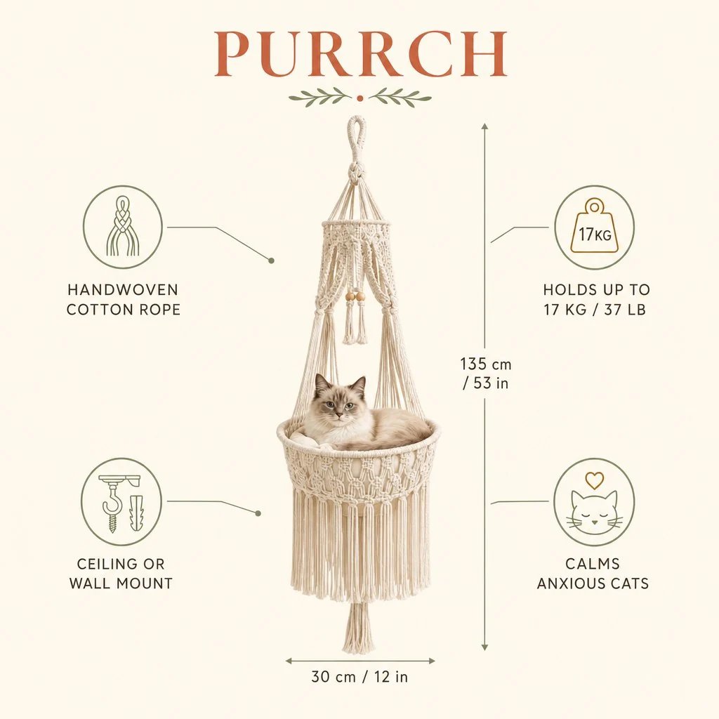 Boho Macrame Cat Hammock 🐱 Cozy Hanging Bed for Cats