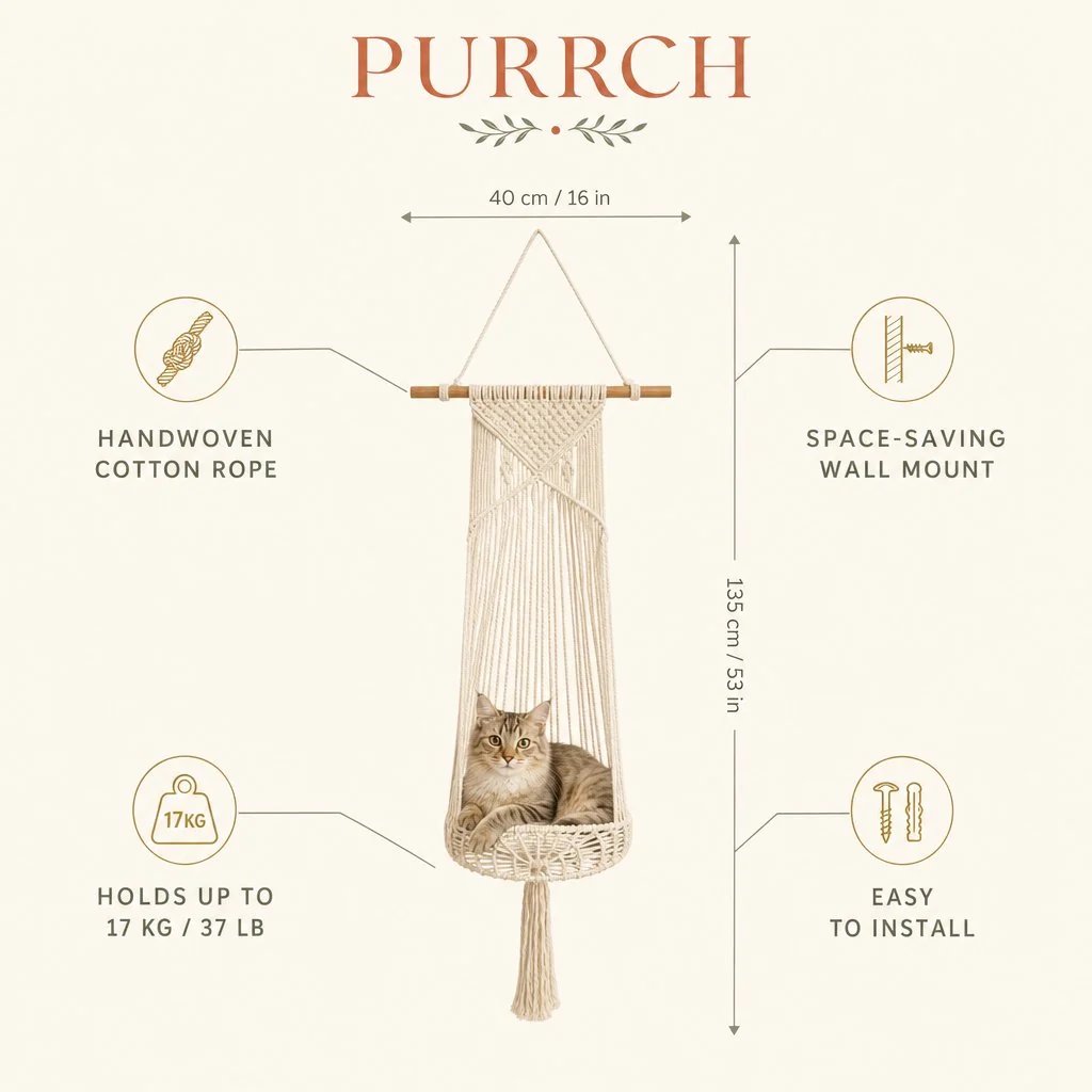 Boho Macrame Cat Hammock 🐱 Cozy Hanging Bed for Cats