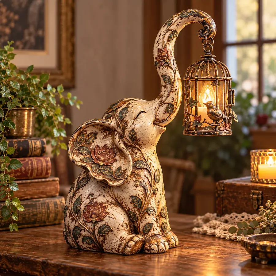 Elephant Lantern Accent Statue