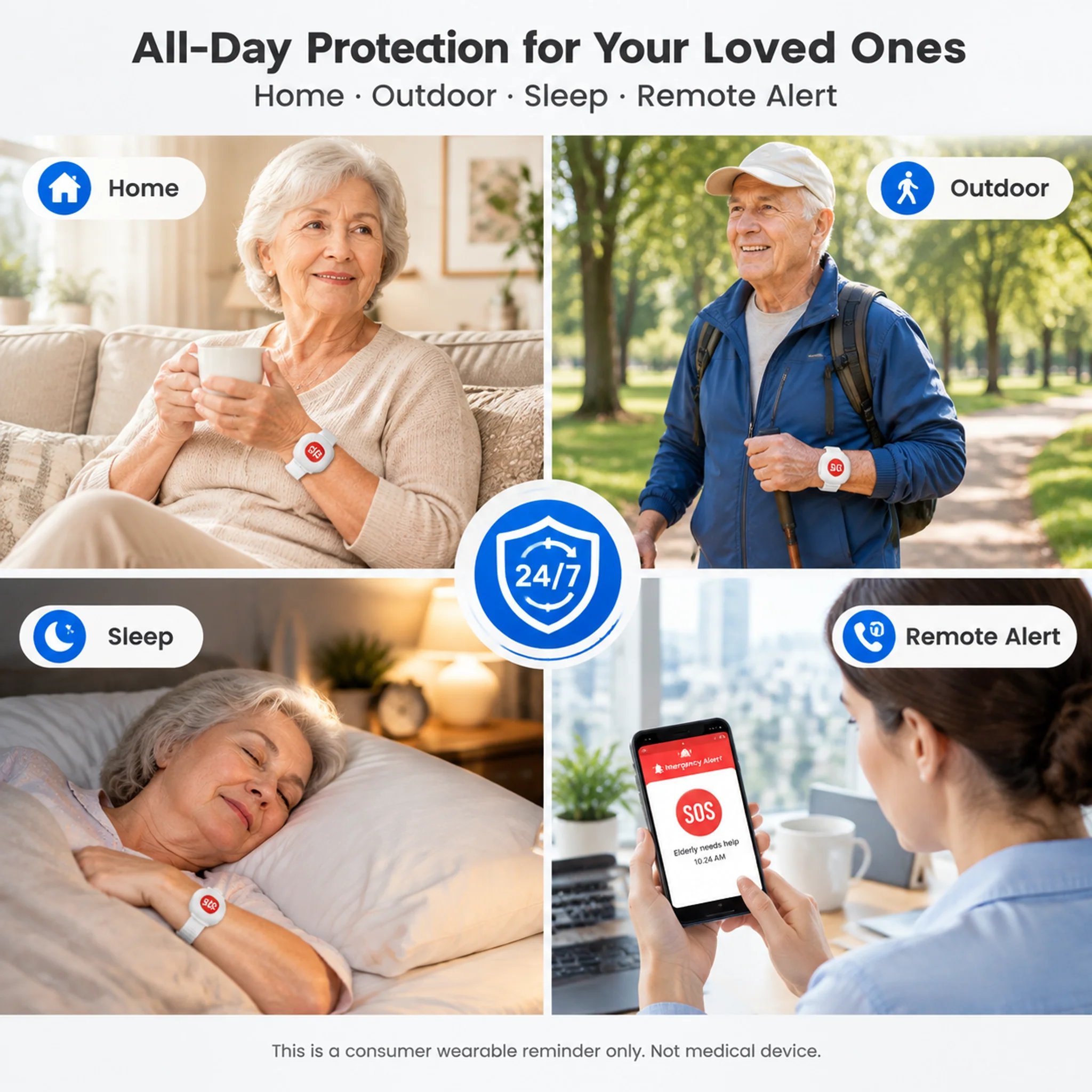 SOS Emergency Alert Wristband | One-Touch Senior Fall Alarm Bracelet | No Monthly Fee