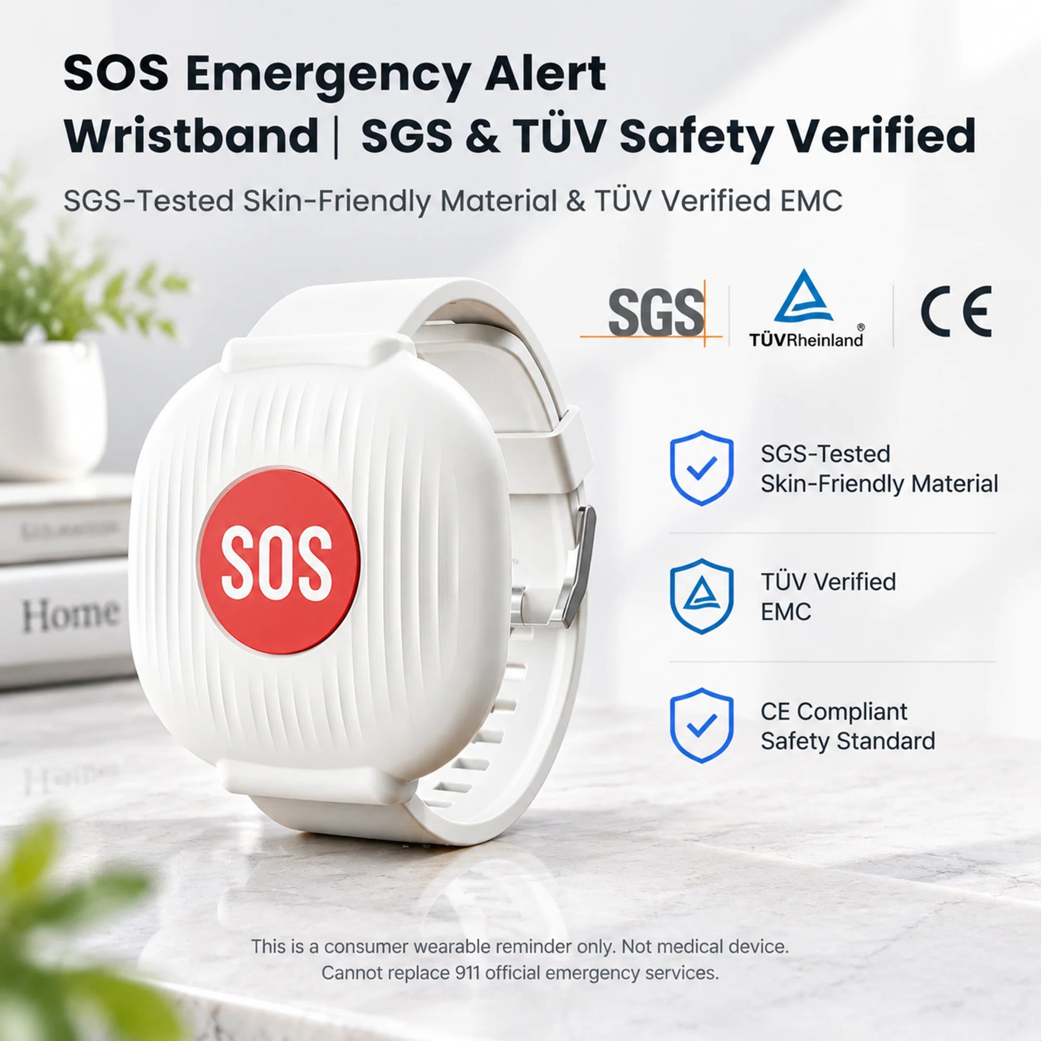 SOS Emergency Alert Wristband | One-Touch Senior Fall Alarm Bracelet | No Monthly Fee