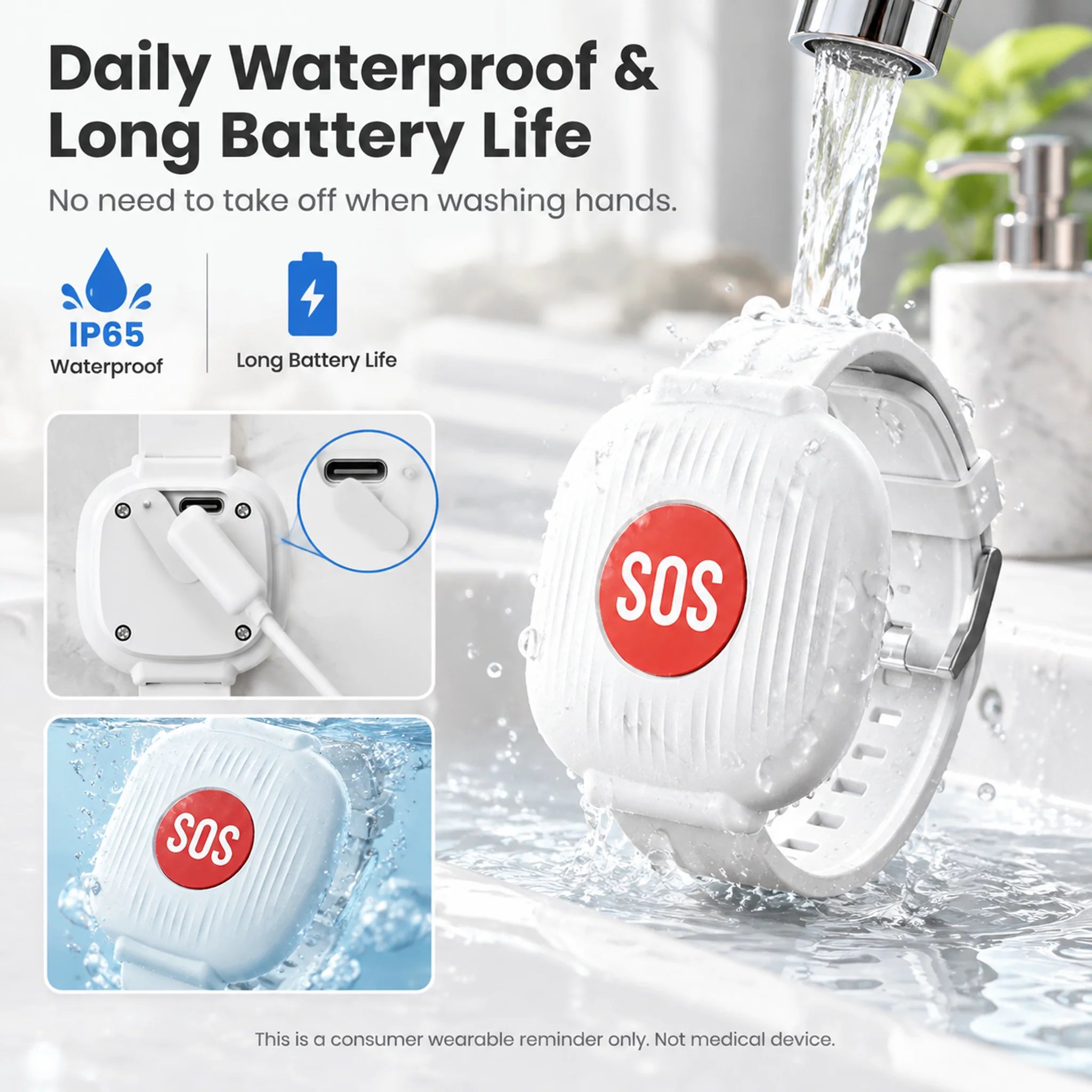 SOS Emergency Alert Wristband | One-Touch Senior Fall Alarm Bracelet | No Monthly Fee