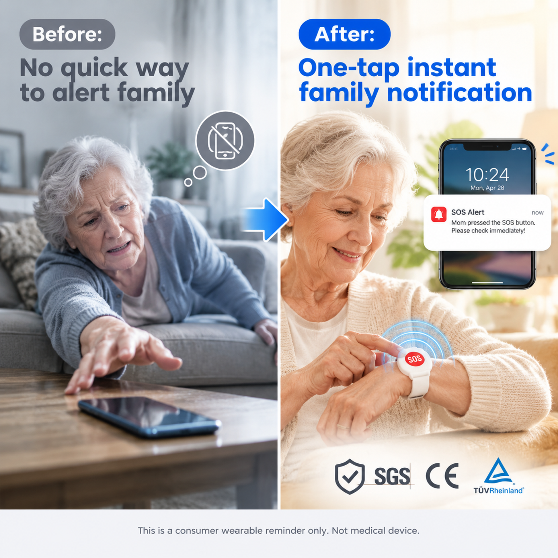 SOS Emergency Alert Wristband | One-Touch Senior Fall Alarm Bracelet | No Monthly Fee