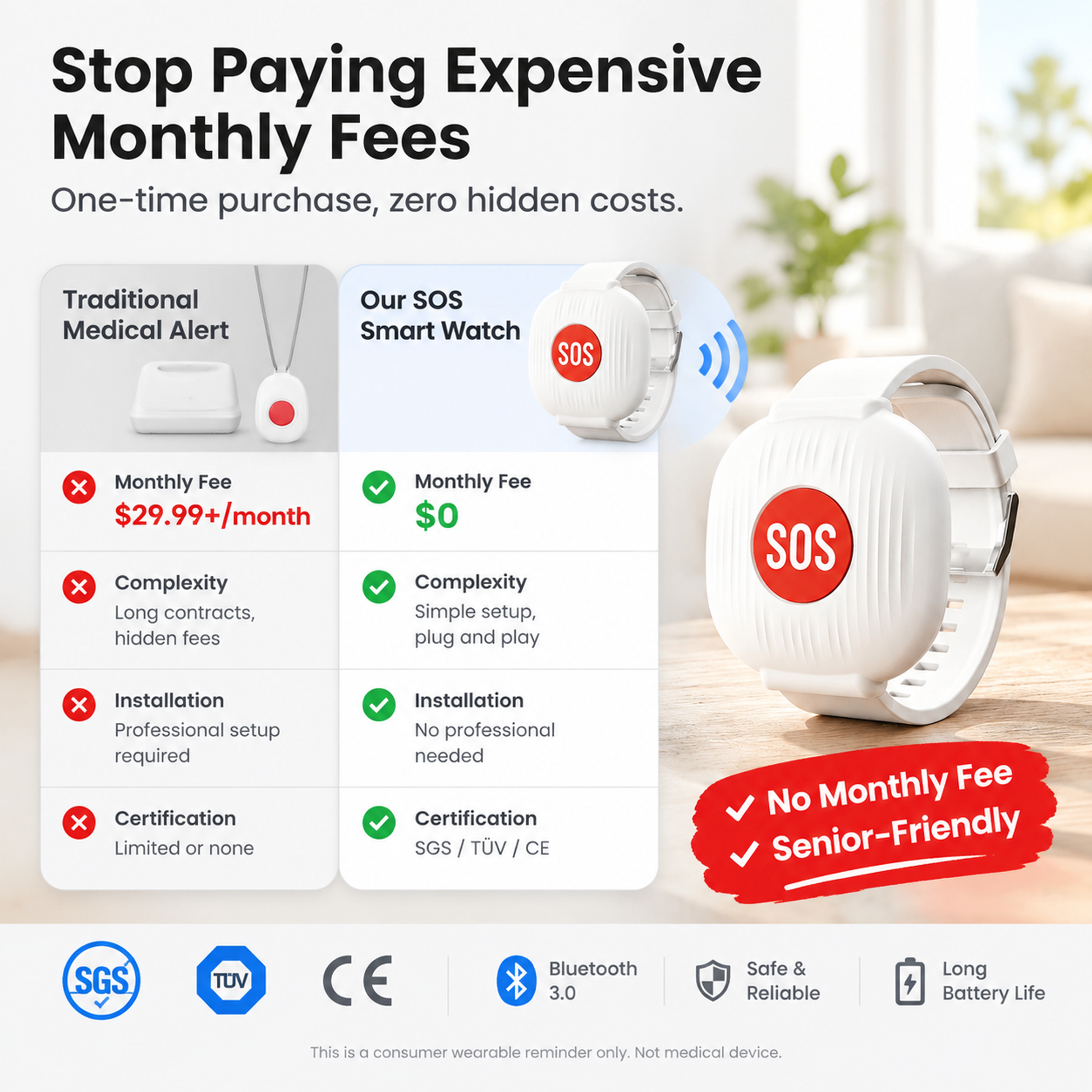 SOS Emergency Alert Wristband | One-Touch Senior Fall Alarm Bracelet | No Monthly Fee