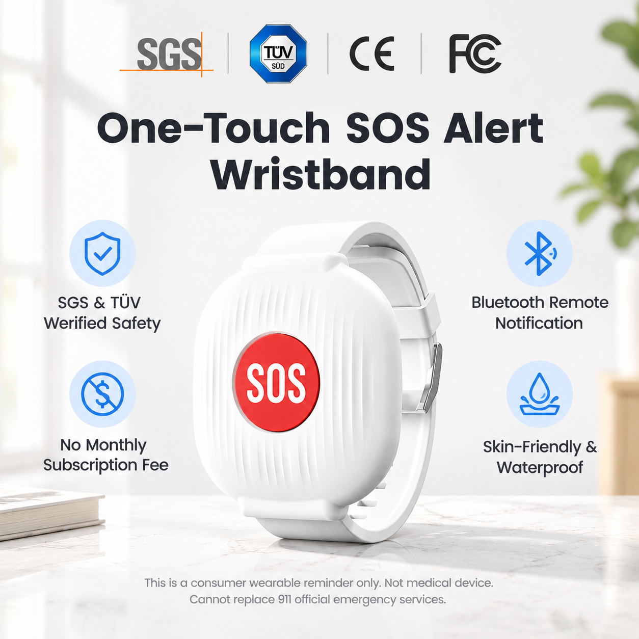 SOS Emergency Alert Wristband | One-Touch Senior Fall Alarm Bracelet | No Monthly Fee
