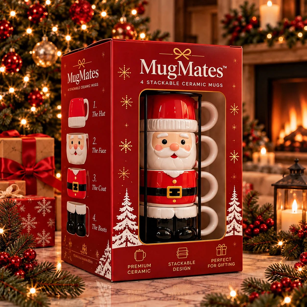 Stackable Christmas Mug Set – Festive Coffee Cups & Holiday Kitchen Decor