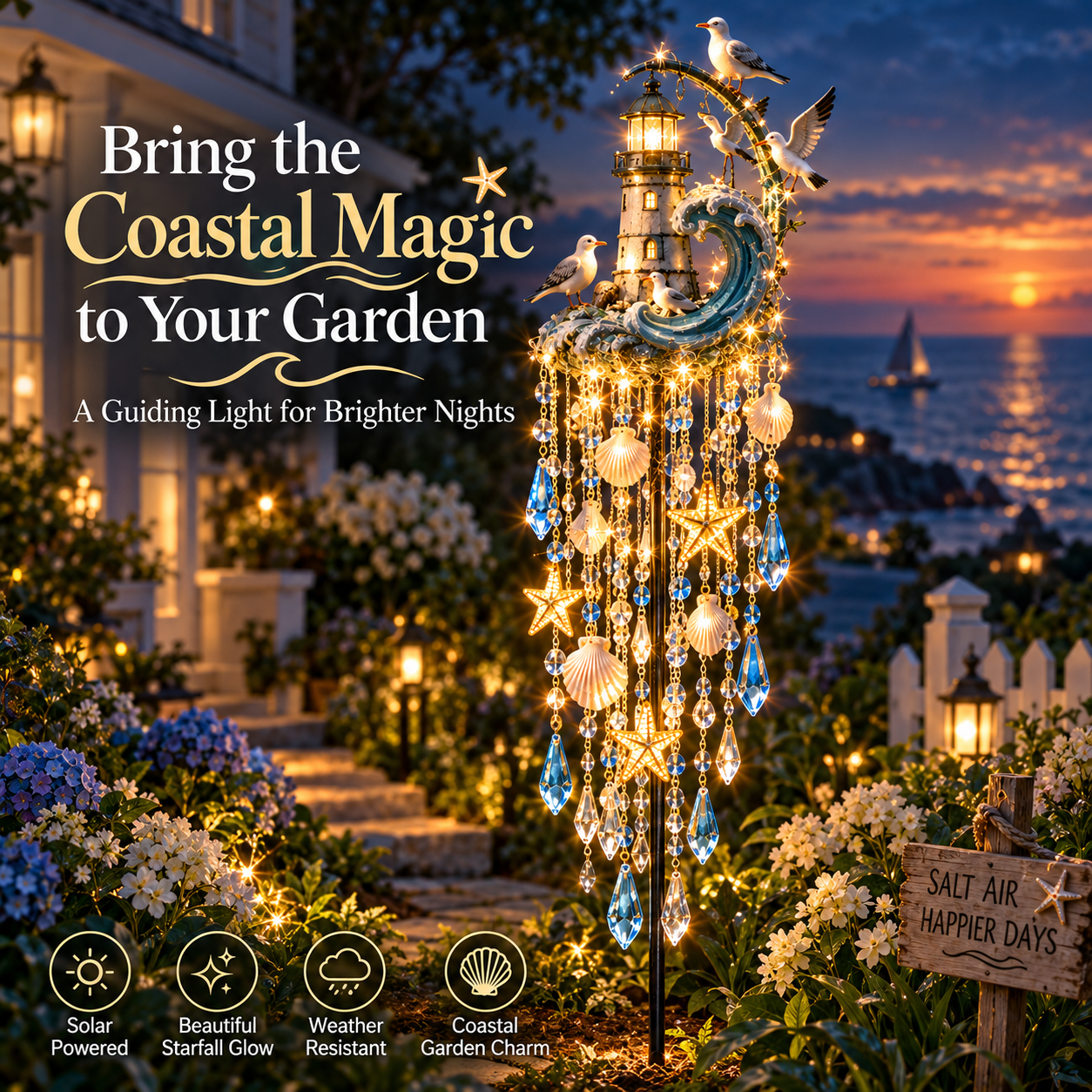 🔥Last Day 49% OFF🔥🌊 Lighthouse Tide Glow – Solar Lighthouse Garden Stake Light with Crystal Tassels