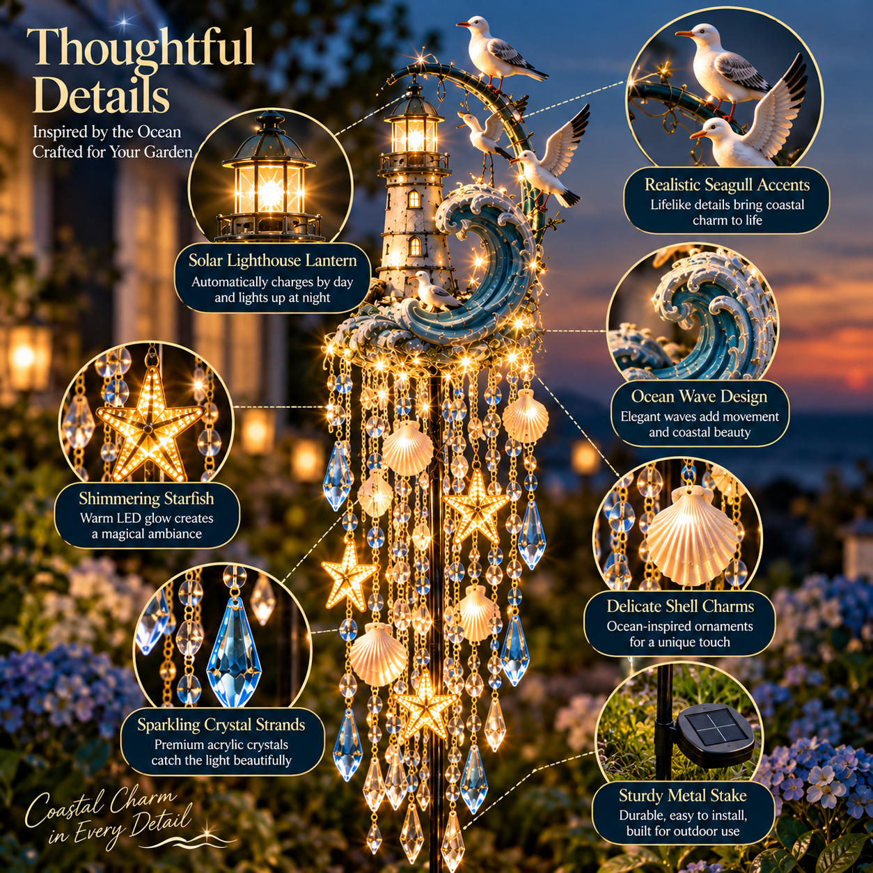 🔥Last Day 49% OFF🔥🌊 Lighthouse Tide Glow – Solar Lighthouse Garden Stake Light with Crystal Tassels