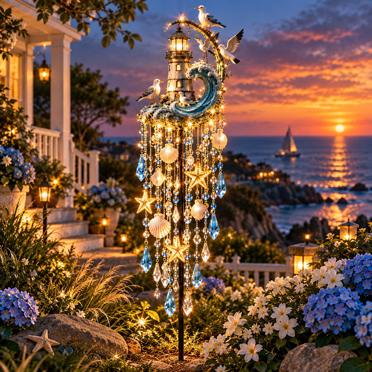 🔥Last Day 49% OFF🔥🌊 Lighthouse Tide Glow – Solar Lighthouse Garden Stake Light with Crystal Tassels
