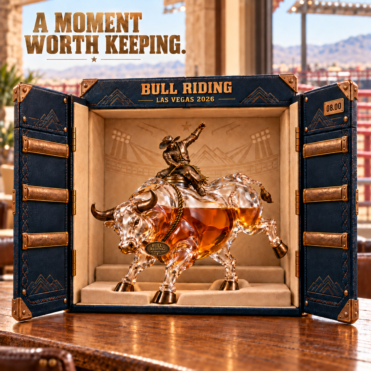 Eight Seconds bull rider collectible whiskey decanter presentation view