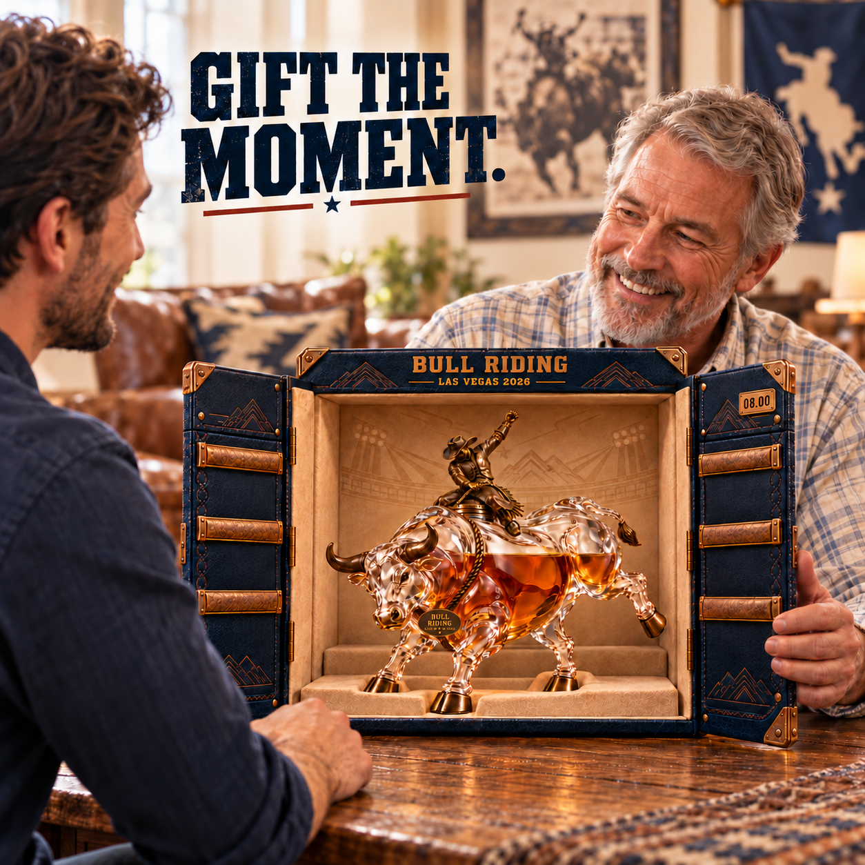 Eight Seconds bull rider whiskey decanter lifestyle and display image