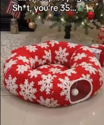 Christmas Cat Tunnel Bed & Tree Skirt – Foldable Plush Hideaway with Play Ball