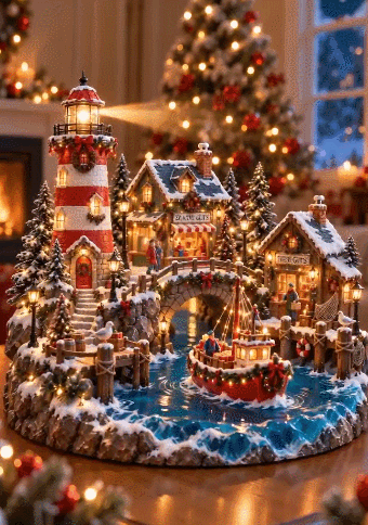 🎄 Lighted Christmas Lighthouse Village – Coastal Holiday Harbor Tabletop Decoration