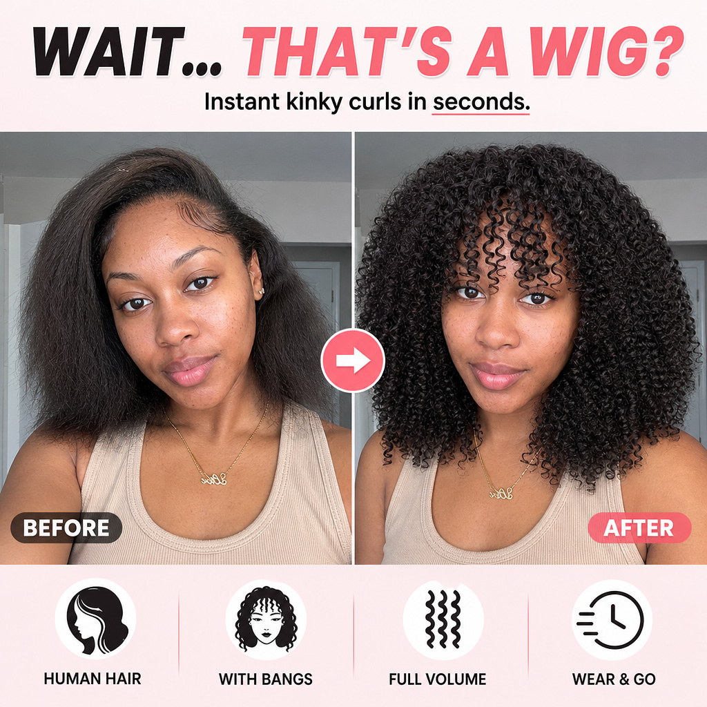 Kinky Curly Human Hair Wigs With Bangs