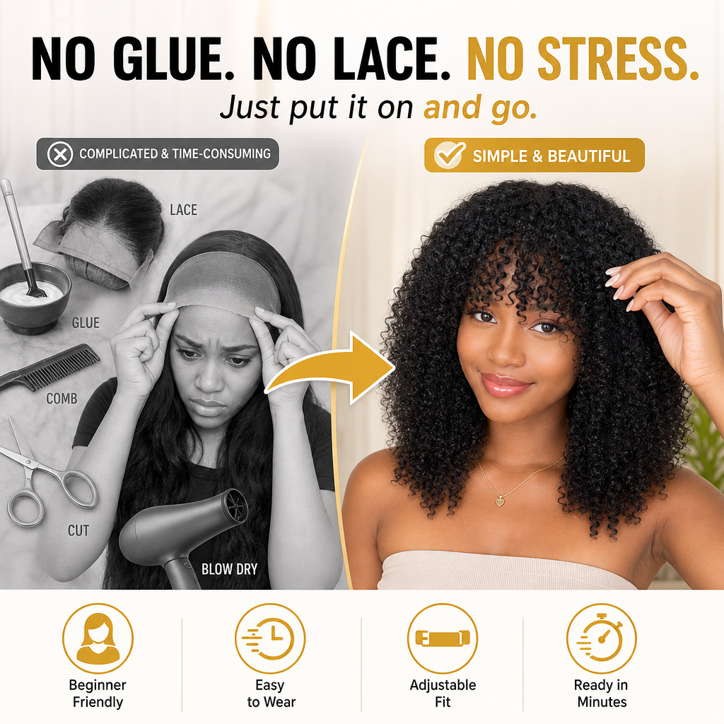 Kinky Curly Human Hair Wigs With Bangs