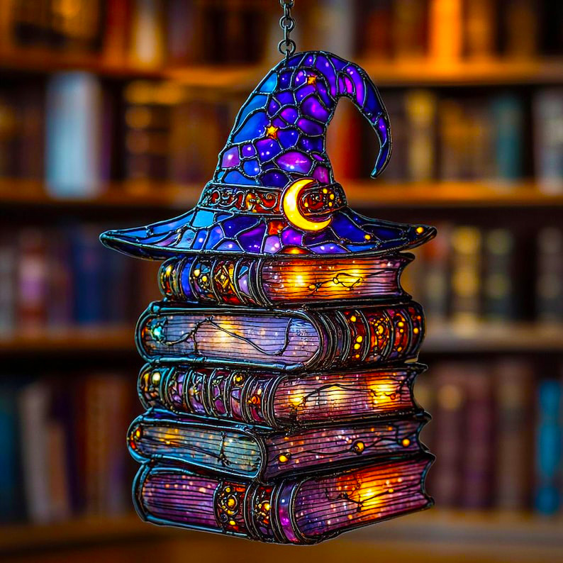Wizard’s Hat Suncatcher – Starry Night, Spellbooks & Arcane Charm
