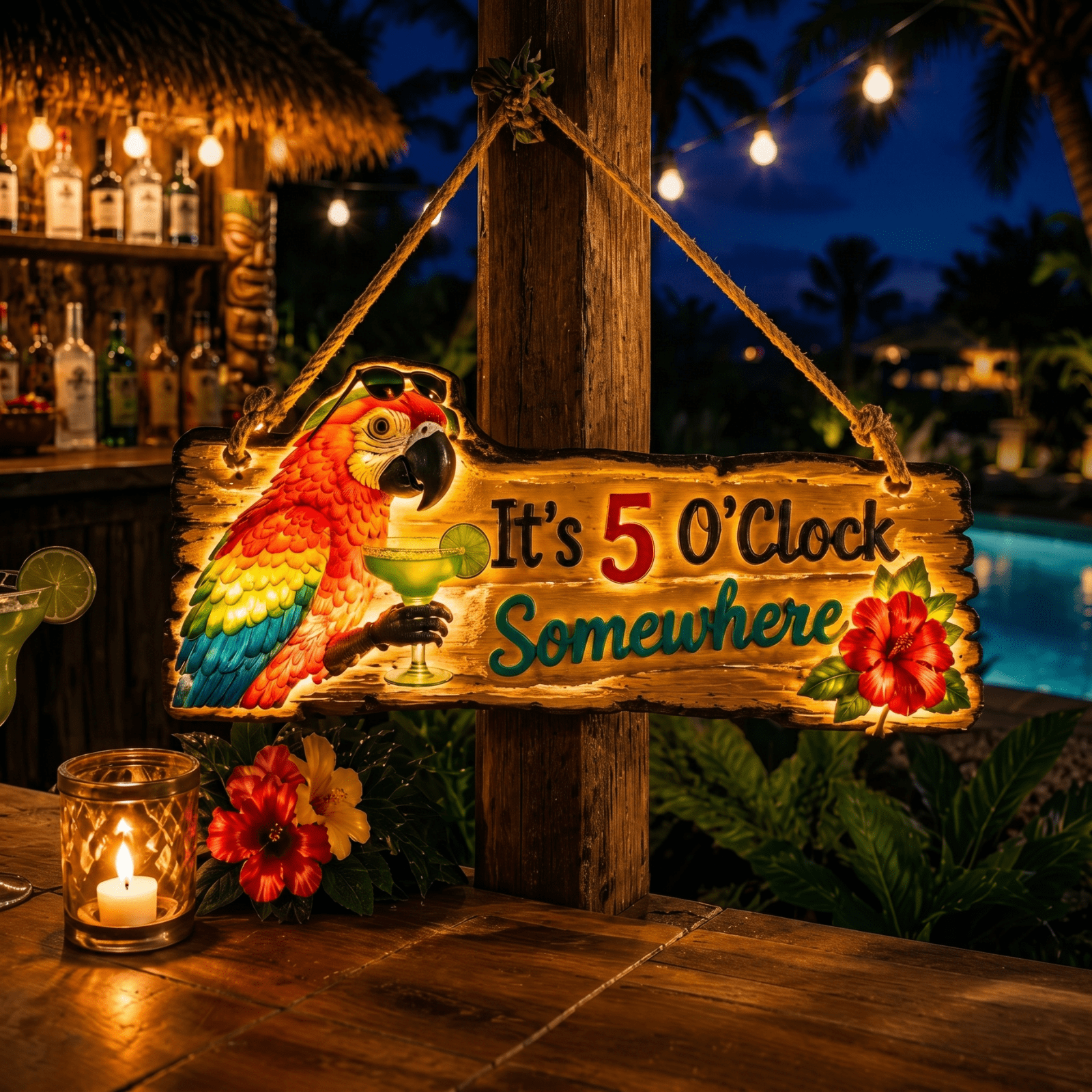 5 O’Clock Somewhere Parrot Hanging Sign – Tropical Bar Décor for Patio, Poolside & Home B