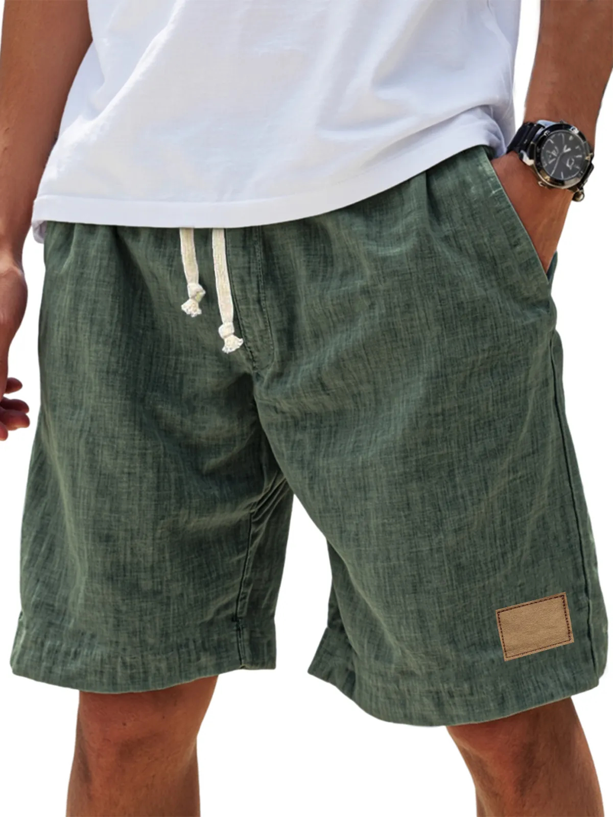 Men's Breathable Linen Embroidered Logo Loose Holiday Shorts