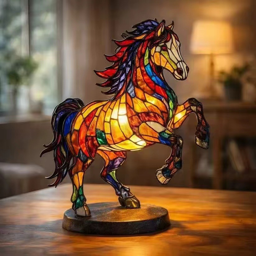 🐎 Stained Glass Style Rearing Horse Lamp – Colorful 3D Horse Accent Light