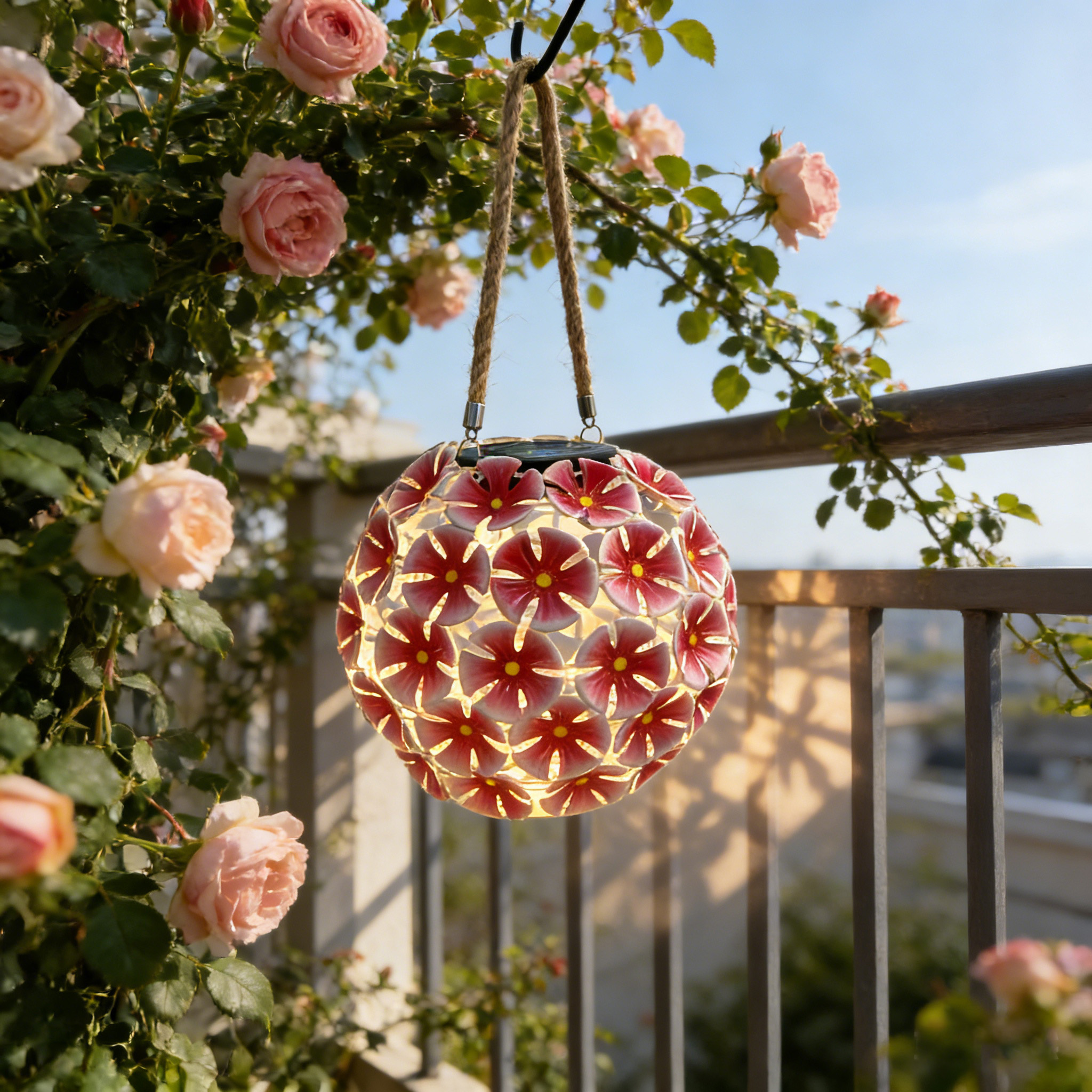 Solar Lantern Pink Metal Flower Ball Light