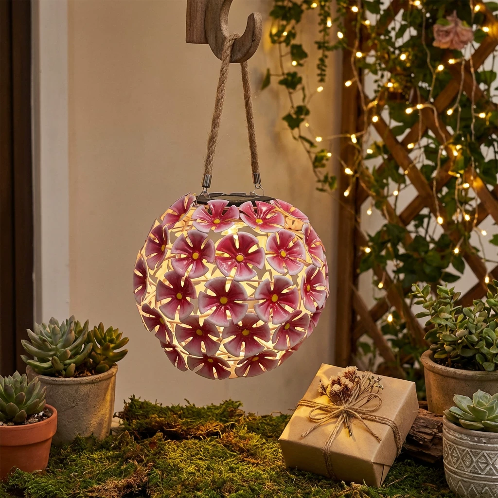 Solar Lantern Pink Metal Flower Ball Light
