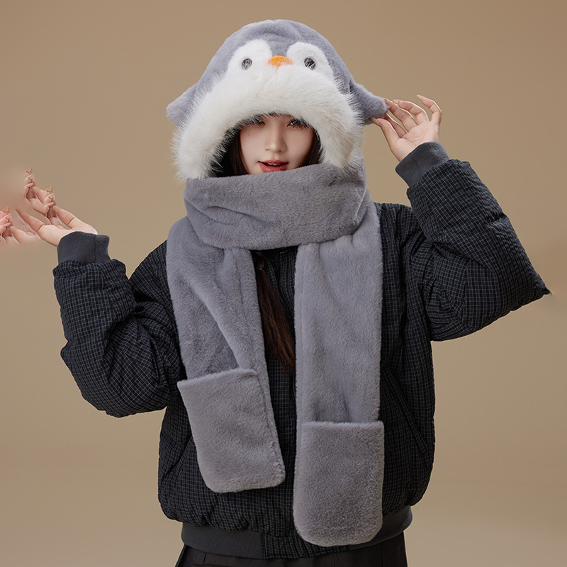 3-in-1 Plush Animal Hooded Scarf with Mittens