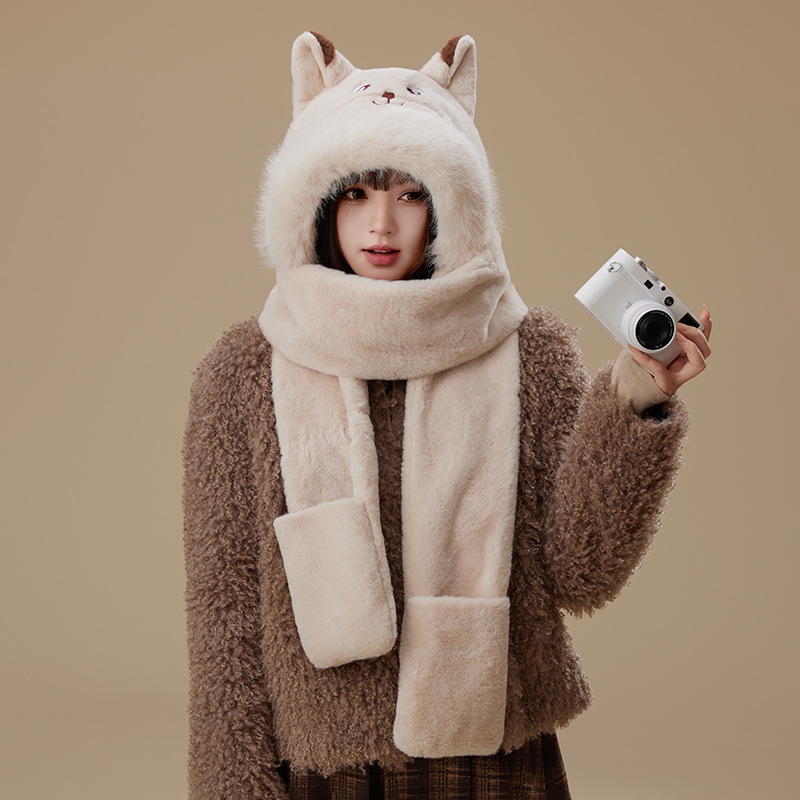3-in-1 Plush Animal Hooded Scarf with Mittens