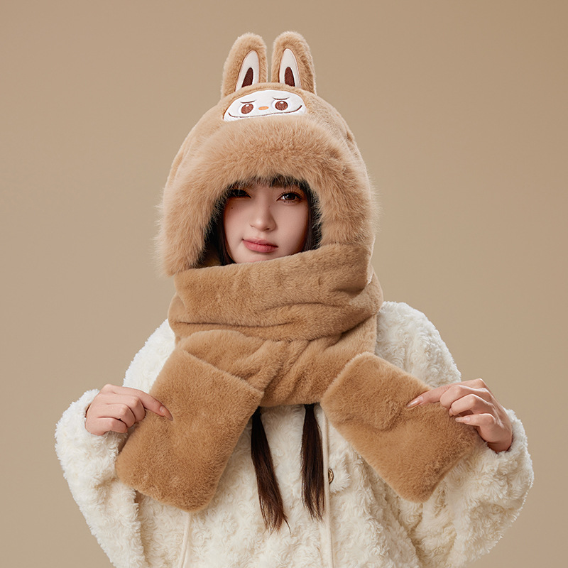 3-in-1 Plush Animal Hooded Scarf with Mittens