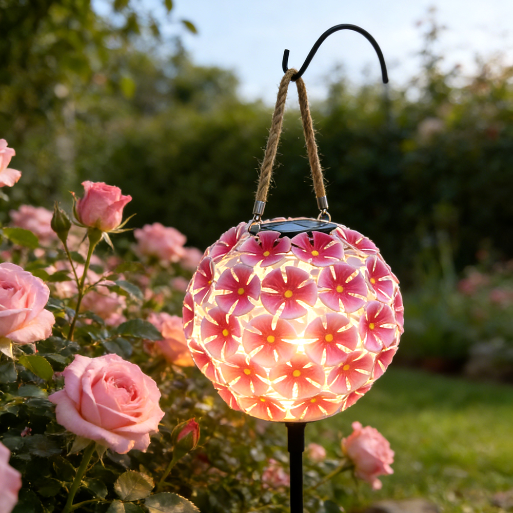 Solar Lantern Pink Metal Flower Ball Light