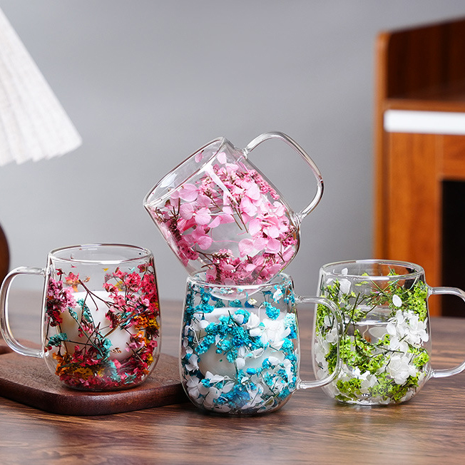 Handmade Dried Flowers Double Walled Crystal Coffee Mugs