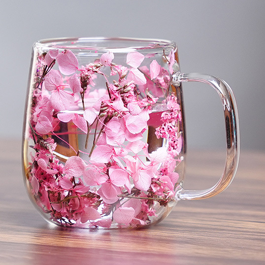 Handmade Dried Flowers Double Walled Crystal Coffee Mugs
